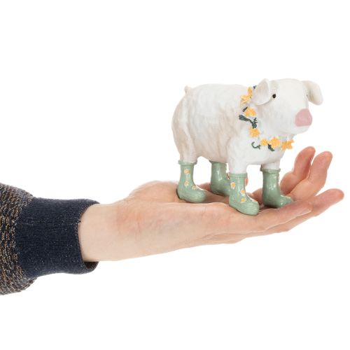 Decorative pig with rubber boots – Funny farm figurine with flower wreath 15.5cm | Floristik24.ie