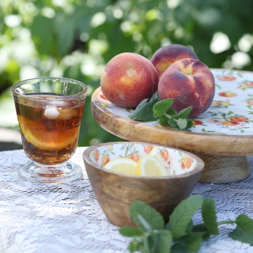 Product Decorative plate with base mango wood peach motif Ø26cm H9.5cm