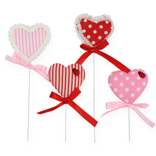 Floristik24 Cotton heart on wire red 6.5cm 12p