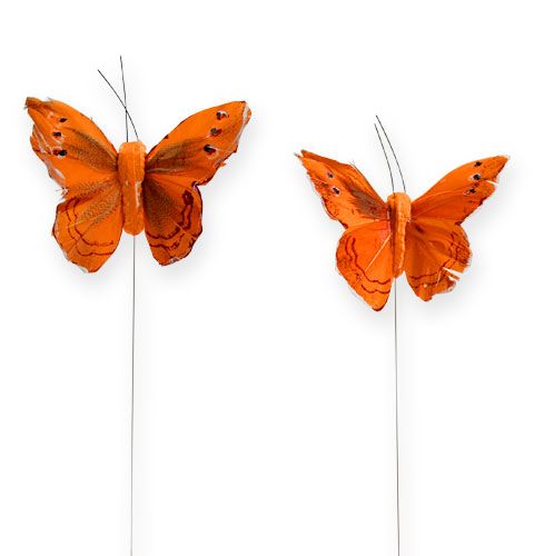 Decorative butterfly on wire orange 8cm 12pcs