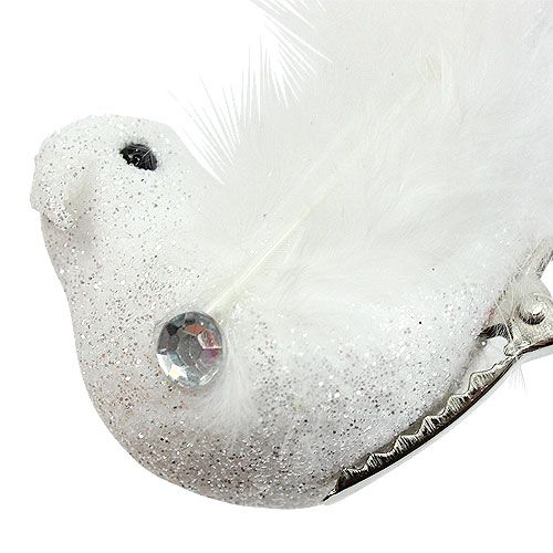 Product Decorative bird on clip with glitter white 14cm 2pcs