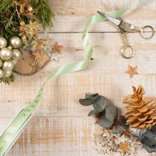 Decorative ribbon with gold bows on a roll, 15mm wide, 18m long | Floristik24.ie