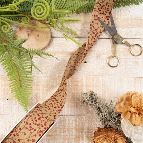 Decorative ribbon branches with red glitter berries, 40mm x 15m | Floristik24.ie