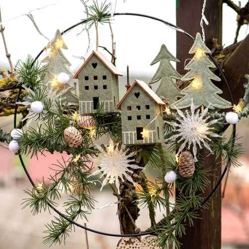 Product Decorative felt house hangers, green natural, Christmas decoration, set of 4