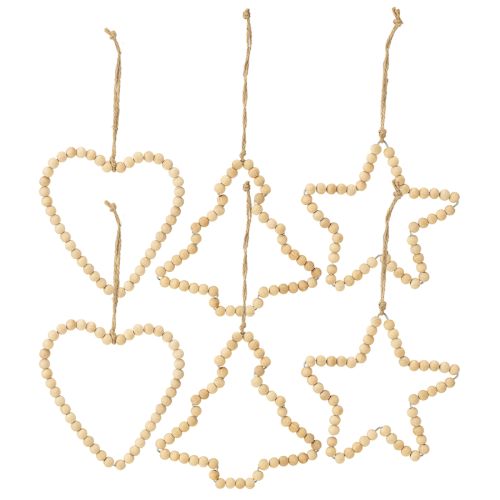 Product Christmas decorations: wooden beads, heart, star, tree, 13cm high, 6 pieces