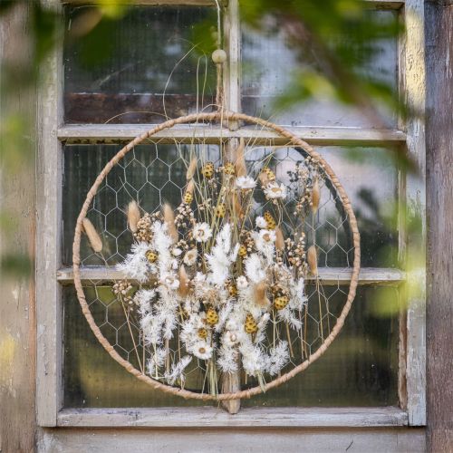 Product Decorative metal ring Ø38cm, hanging decoration, raffia, silver, natural, boho wall decoration, versatile decorating, 4 pieces