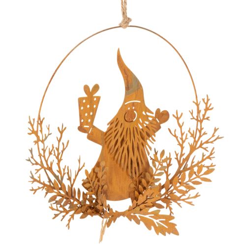 Christmas decorative ring, reindeer in a ring, Santa Claus with gift, metal decoration, rusted finish, Ø18cm, set of 2 | Floristik24.ie