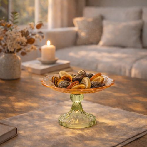 Product Decorative glass plate with foot, flower design, for stylish table decoration and summer decor, 15cm