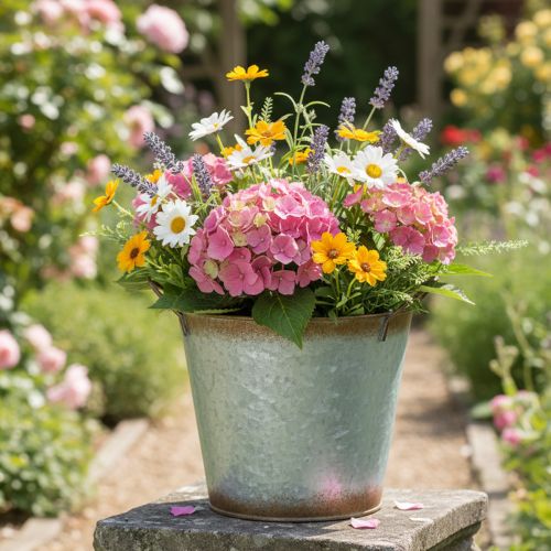 Product Decorative pot with handles, planting bucket, metal container, silver, weathered steel, Ø17cm H16.5cm