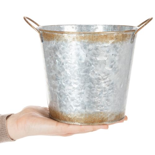 Product Decorative pot with handles, planting bucket, metal container, silver, weathered steel, Ø17cm H16.5cm