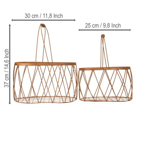 Product Oval wire basket with handle, garden decoration, rust finish, 30/25cm, set of 2