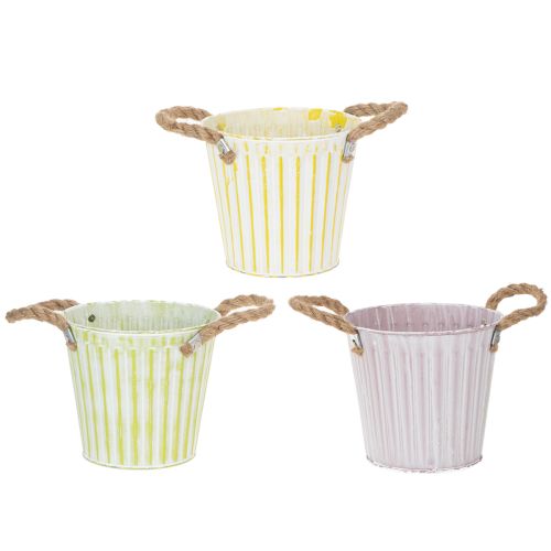 Floristik24 Bucket for planting, planter with handles, metal decoration pink/green/yellow shabby chic Ø16.5cm H15cm 3-piece set