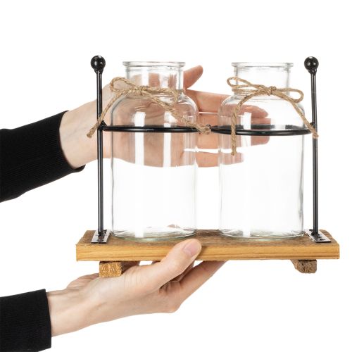 Decorative bottle vase, glass and wood, 23x12x19.5cm, 2 pieces | Floristik24.ie