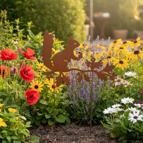 Garden stake squirrel on branch, weathered metal, 42cm high, 3 pieces | Floristik24.ie