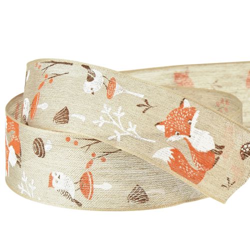 Product Gift ribbon autumn with fox and mushrooms linen grey 40mm 15m