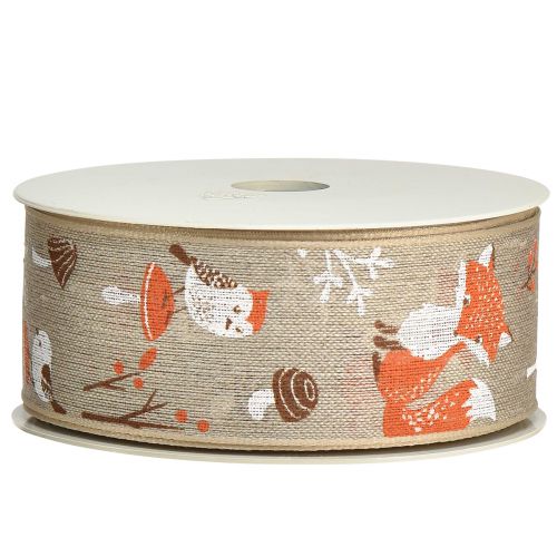 Product Gift ribbon autumn with fox and mushrooms linen grey 40mm 15m