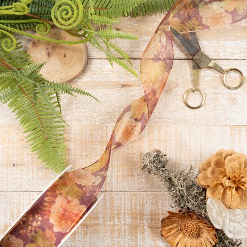 Gift ribbon in autumn colors, organza ribbon with floral pattern, 40mm, 15m | Floristik24.ie