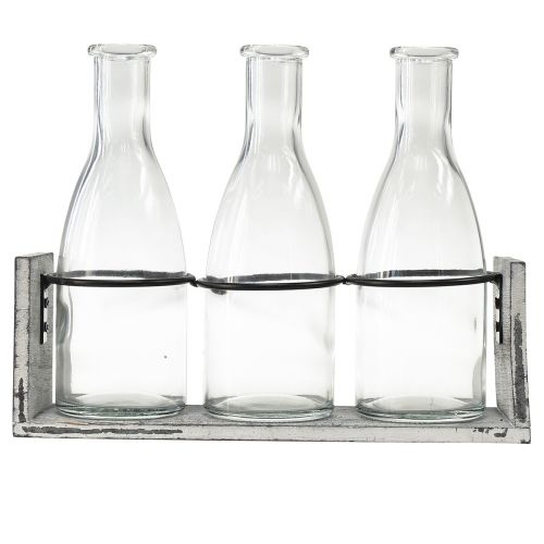 Product Rustic bottle set in wooden carrier – 3 glass bottles, grey-white, 24x8x20 cm – Versatile for decoration