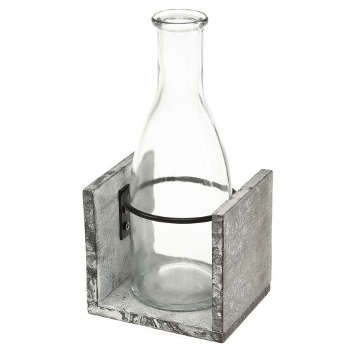 Floristik24 Glass vase in grey wooden stand, 9.5x8x20cm - Rustic decoration with 4 bottles