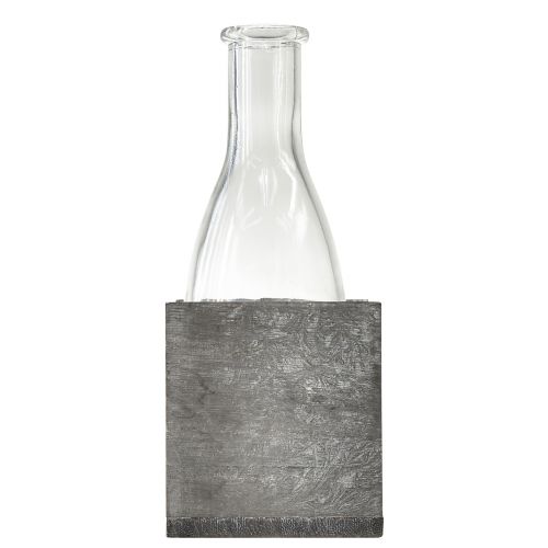 Product Glass vase in grey wooden stand, 9.5x8x20cm - Rustic decoration with 4 bottles