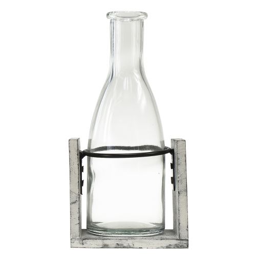 Product Glass vase in grey wooden stand, 9.5x8x20cm - Rustic decoration with 4 bottles