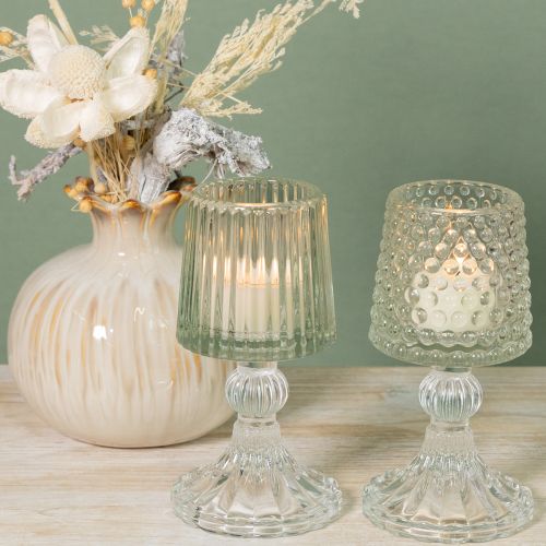 Product Glass tealight holder with base dots and grooves H15cm 2pcs