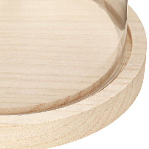Product Glass bell on wooden tray, glass jar, clear, natural, Ø17cm, H24cm