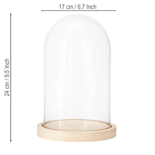 Product Glass bell on wooden tray, glass jar, clear, natural, Ø17cm, H24cm