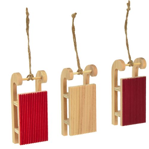 Product Wooden sleigh miniature, red-natural, 4x8.5 cm, set of 6 - Christmas decoration