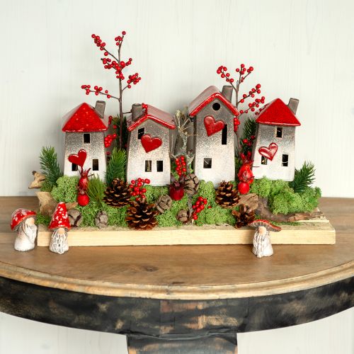 Floristik24 Romantic ceramic houses with heart motif – red &amp; natural tones, 11 cm – lovingly designed winter decoration – 3 pieces