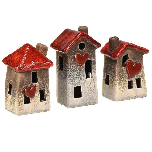 Floristik24 Romantic ceramic houses with heart motif – red &amp; natural tones, 11 cm – lovingly designed winter decoration – 3 pieces
