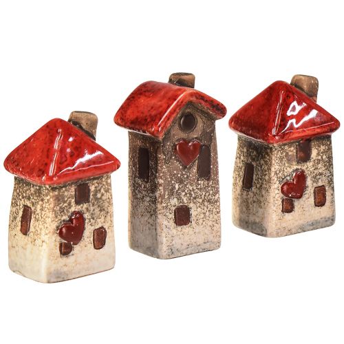 Ceramic house with red roof, window and heart – 6 cm – Idyllic decoration for home and garden – 6 pieces