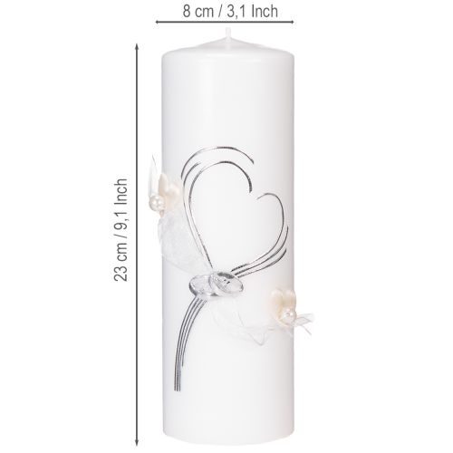 Product Festive wedding candle with a stylish heart design, silver embellishments and organza ribbon – ideal for weddings and silver wedding anniversaries, 230/80mm