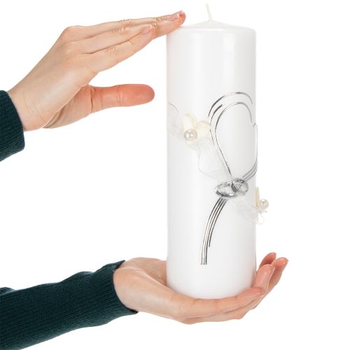Product Festive wedding candle with a stylish heart design, silver embellishments and organza ribbon – ideal for weddings and silver wedding anniversaries, 230/80mm