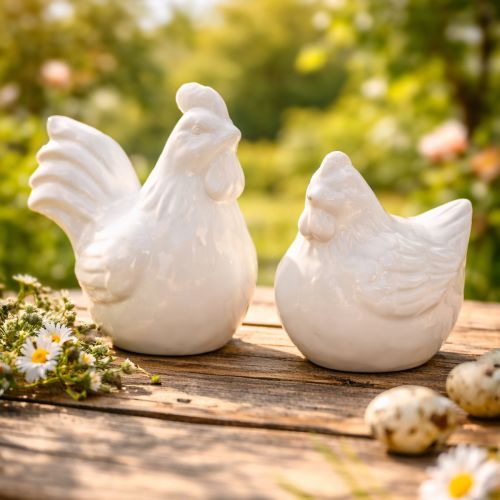 Product Chicken figurine, glossy glazed, for modern home decor, 17cm, 2 pieces
