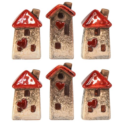Ceramic house with red roof, window and heart – 6 cm – Idyllic decoration for home and garden – 6 pieces | Floristik24.ie