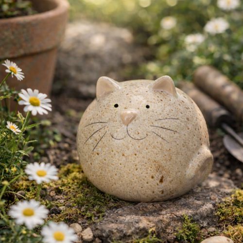 Product Ceramic Cat Decorative Figurine, Round Design for Living Room or Bedroom, 13cm, 2 Pieces