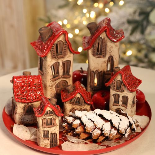 Ceramic House Decoration Set Small Houses with Red Roof 8cm 2pcs | Floristik24.ie
