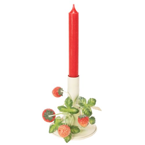 Product Metal candlestick with strawberry decoration, summer cream, H13cm
