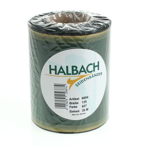 Product Elegant dark green moiré wreath ribbon, 125mm with gold pearl edge, mourning ribbon, wedding decoration, bow ribbon