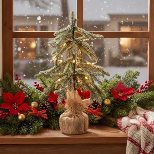 Artificial plant with snow, LED Christmas tree in a jute sack, battery operated, for indoor use, 50cm | Floristik24.ie