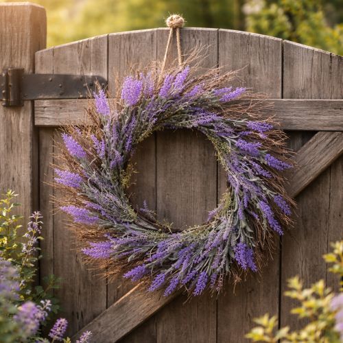 Product Artificial lavender wreath for spring, door decoration, decorative wreath for entrance area, 60cm