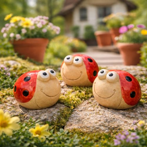 Product Ladybug decorative ceramic figure for cheerful garden decoration and windowsills, 7cm, 3 pieces