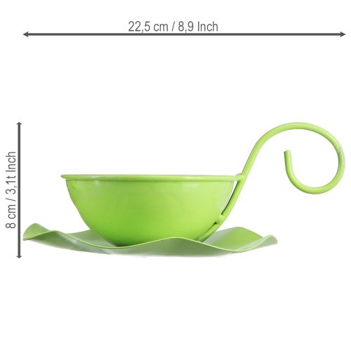 Metal decorative cup with saucer, light green, H8cm Ø11.5cm, 2 pieces | Floristik24.ie