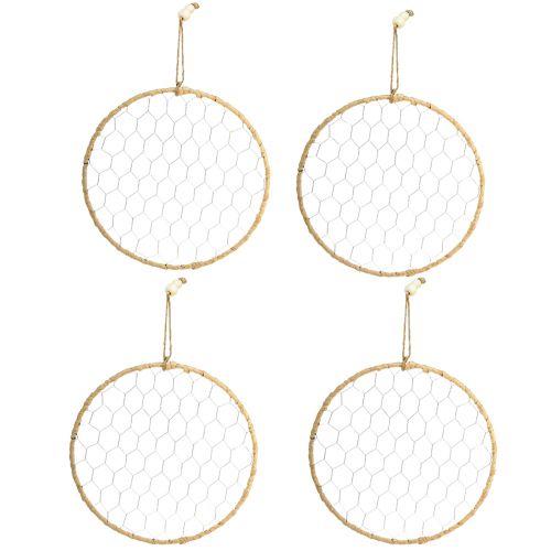 Product Boho metal decorative ring, silver, Ø28cm with natural raffia, set of 4 - hanging decoration, wall decoration