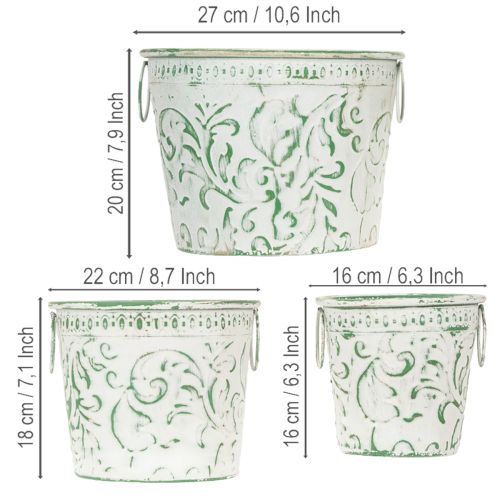 Metal pots with handles, planters with embossing, white, green, shabby chic, H20.5/18.5/16cm, Ø25.5/20.5/15.5cm, set of 3 | Floristik24.ie
