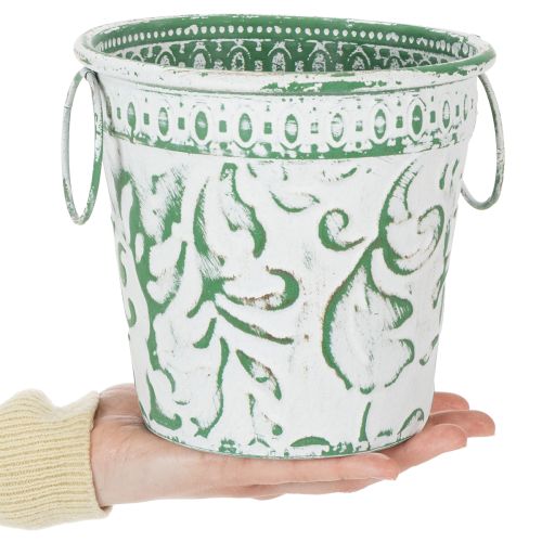 Product Metal pots with handles, planters with embossing, white, green, shabby chic, H20.5/18.5/16cm, Ø25.5/20.5/15.5cm, set of 3