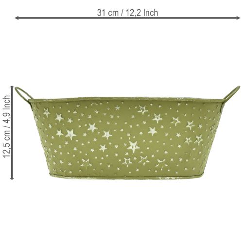 Oval metal bowl with stars and handles, green, 31×16cm, H12.5cm | Floristik24.ie