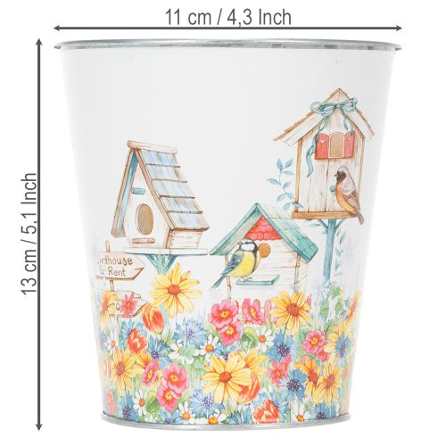 Product Metal pot with motif, planter with birdhouses, tin bucket H13cm Ø11.5cm
