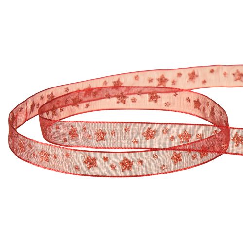 Product Organza ribbon red with sparkling stars – Christmas ribbon 10mm 20m